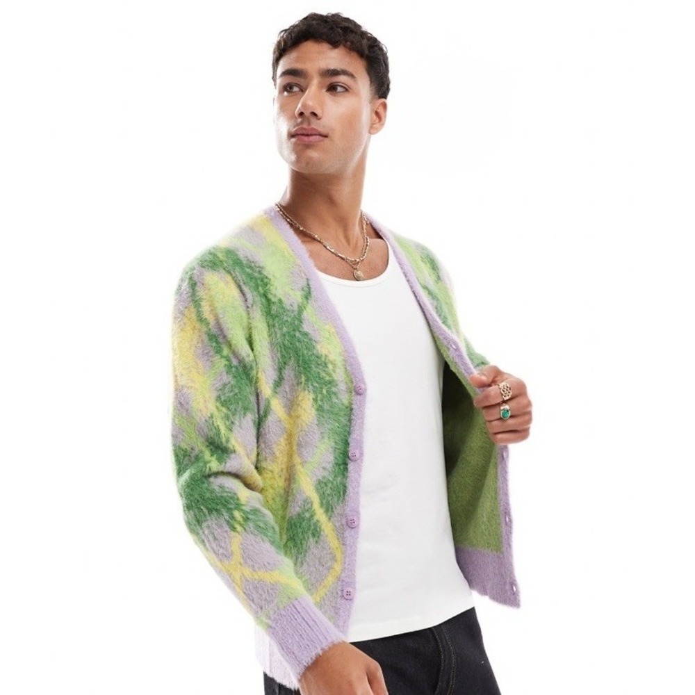 RARE Coney Island Picnic Cardigan Sweater Men L Plaid Green‎ Yellow Purple Soft